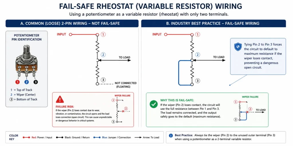 Diagram comparing common versus fail-safe two-terminal rheostat (variable resistor) wiring using a potentiometer, showing how jumpering pin 2 (wiper) to pin 3 prevents an open-circuit failure if wiper contact is lost, with pin identification, color key, and best-practice notes.