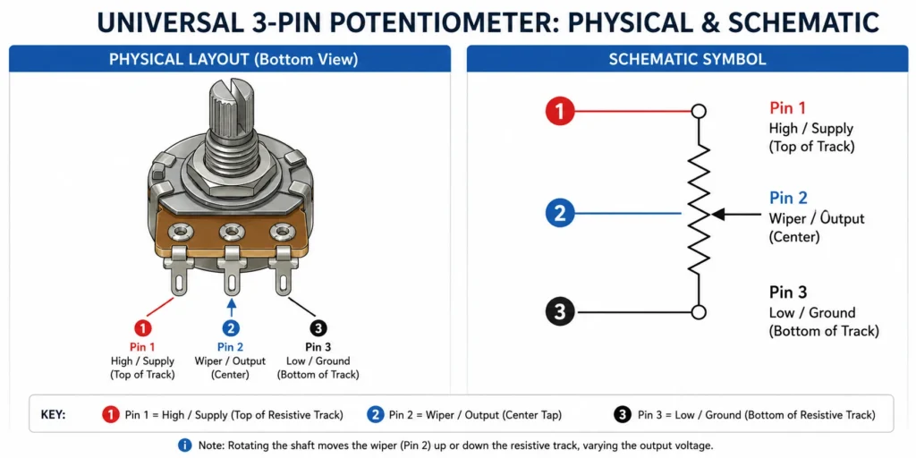 Diagram showing the physical layout and schematic symbol of a universal 3-pin potentiometer, identifying Pin 1 (high/supply), Pin 2 (wiper/output), and Pin 3 (low/ground). The illustration explains potentiometer pinout, wiper function, and how rotating the shaft changes the output for voltage divider and variable resistor applications.