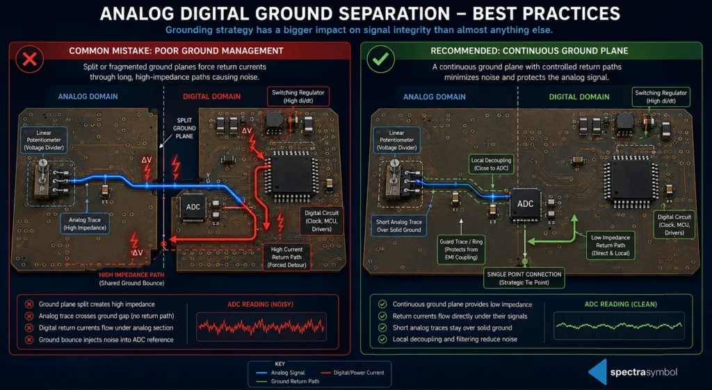 Side-by-side PCB comparison showing how a split ground plane produces a noisy ADC reading, while a single continuous ground plane with short analog traces and local decoupling produces a clean ADC reading.