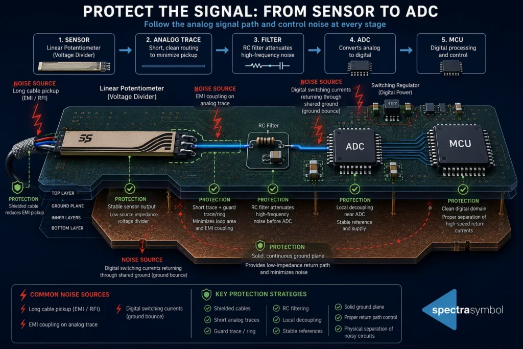 Diagram tracing the analog signal path from a linear potentiometer through the analog trace, RC filter, and ADC to the MCU, marking noise sources and the protection strategy used at each stage.