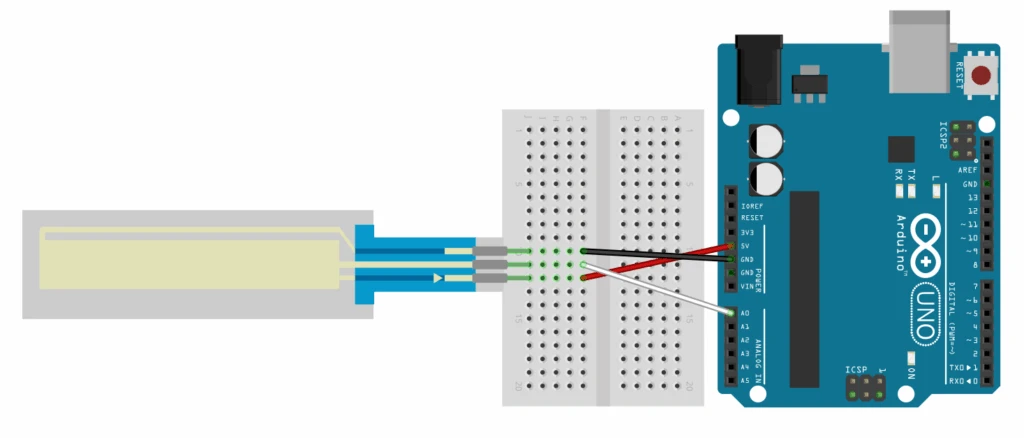 Arduino Uno connected to a flex sensor through a breadboard, showing wiring to power, ground, and an analog input for bend detection.
